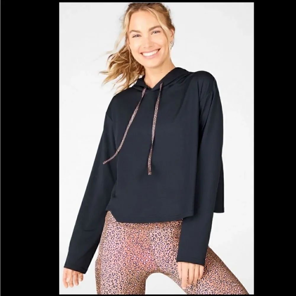 Fabletics Kaia Cropped Hoodie Black Leopard Medium NWT